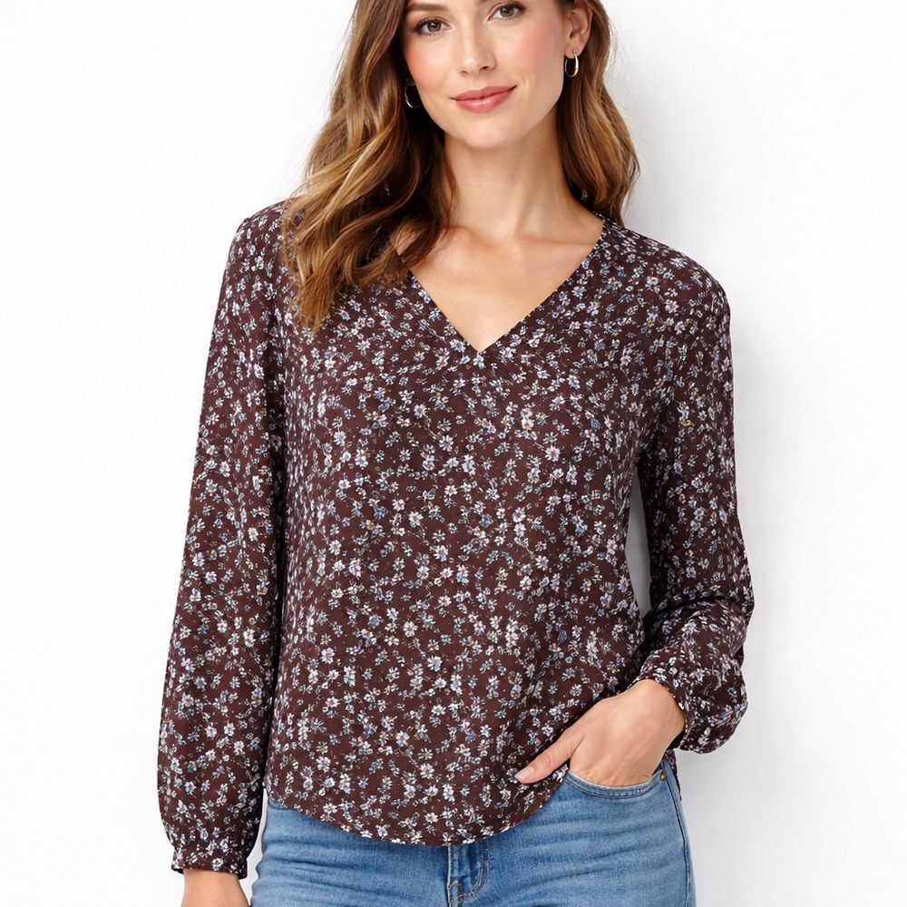 LOFT Tunic Blouse Womens XS Purple Floral V Neck Long Sleeve Lightweight Top